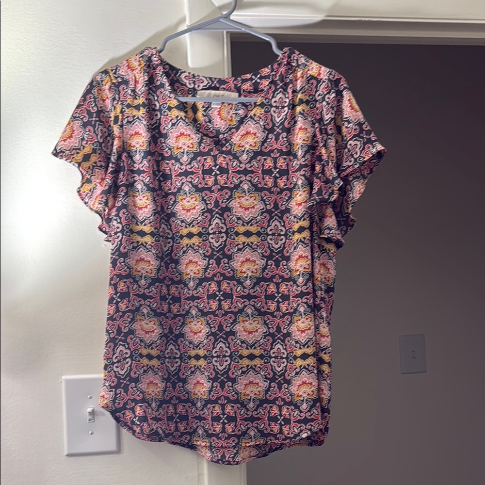 LOFT Pink and Blue Flutter Sleeve Blouse with Ruffled Details